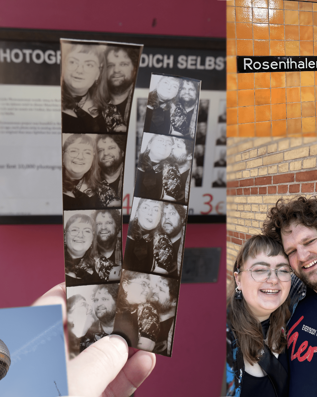collage including photo booth strips, rosentaler platz underground station and a picture of wouter and emily on the street