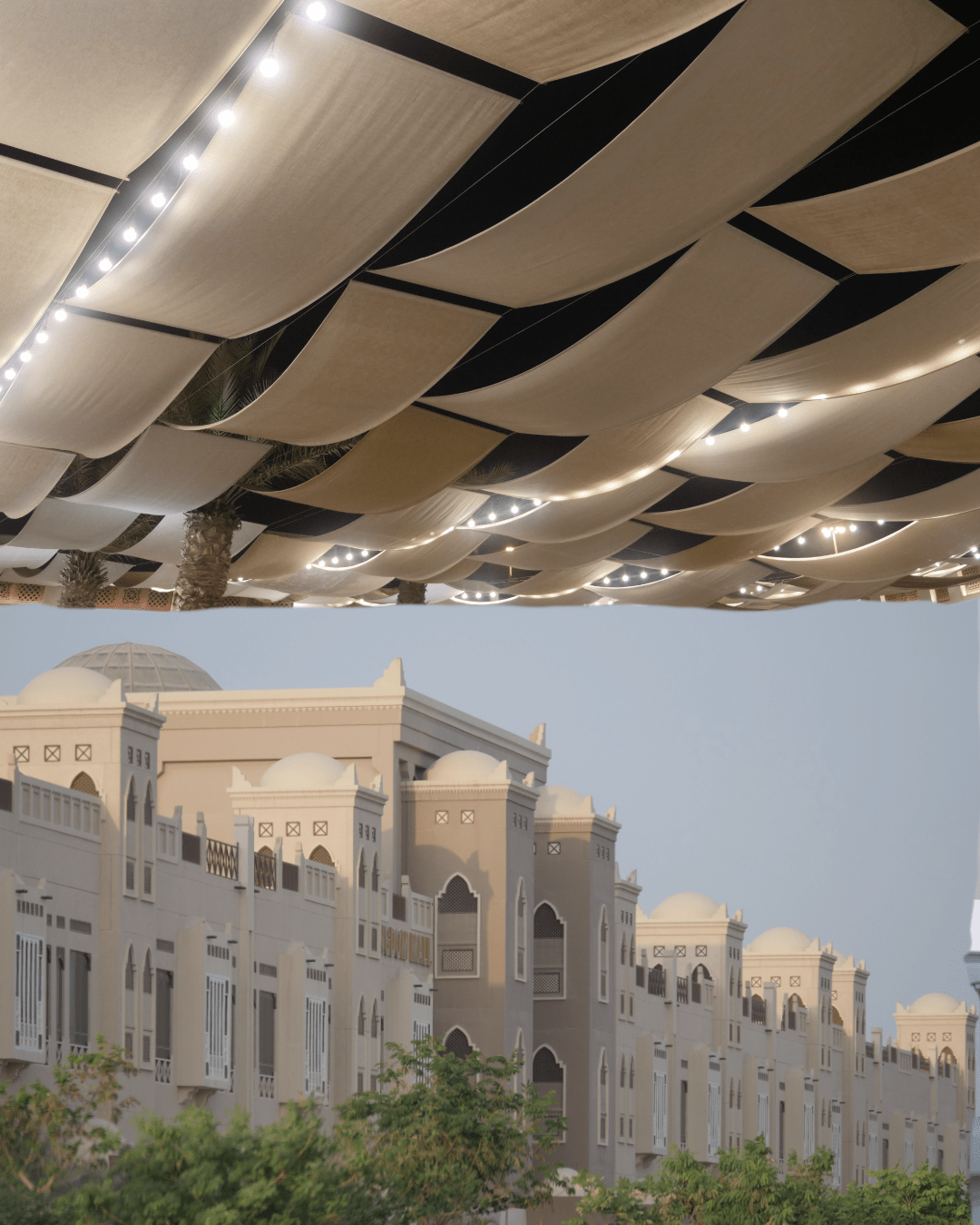 Top: Roof made of woven fabric strips over a modern recreation traditional sooq (marketplace)
bottom: Arab styled buildings with arches and domes