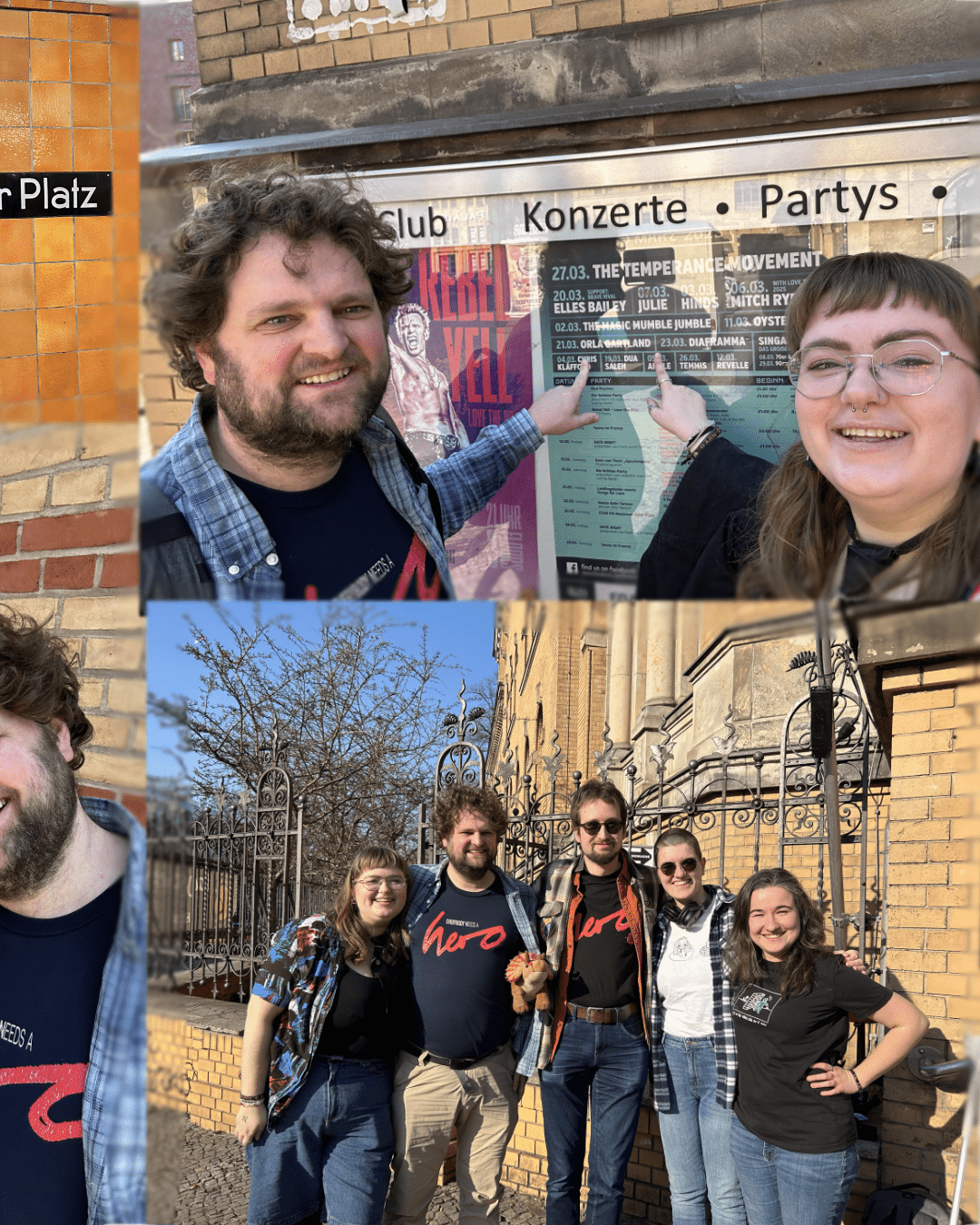 collage with wouter and emily pointing at Orla Gartland on the kulturbrauerei schedule and a group picture including hannah, sarah, thomas, wouter and emily