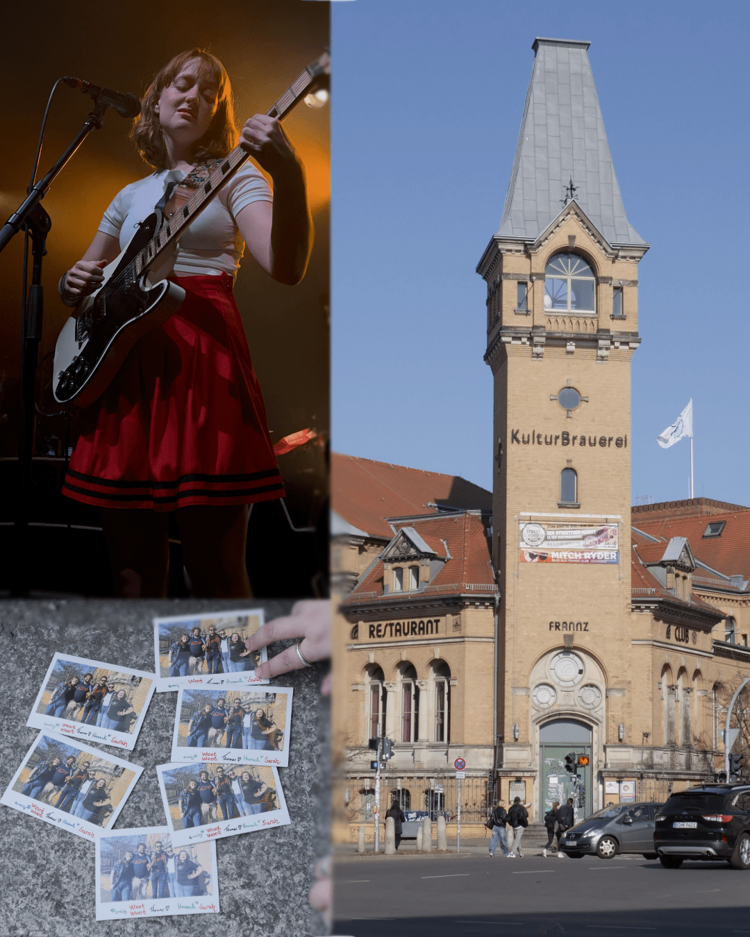 collage of Emma Harner with a guitar on stage, polaroid pictures on the pavement outside and the Kulturbrauerei