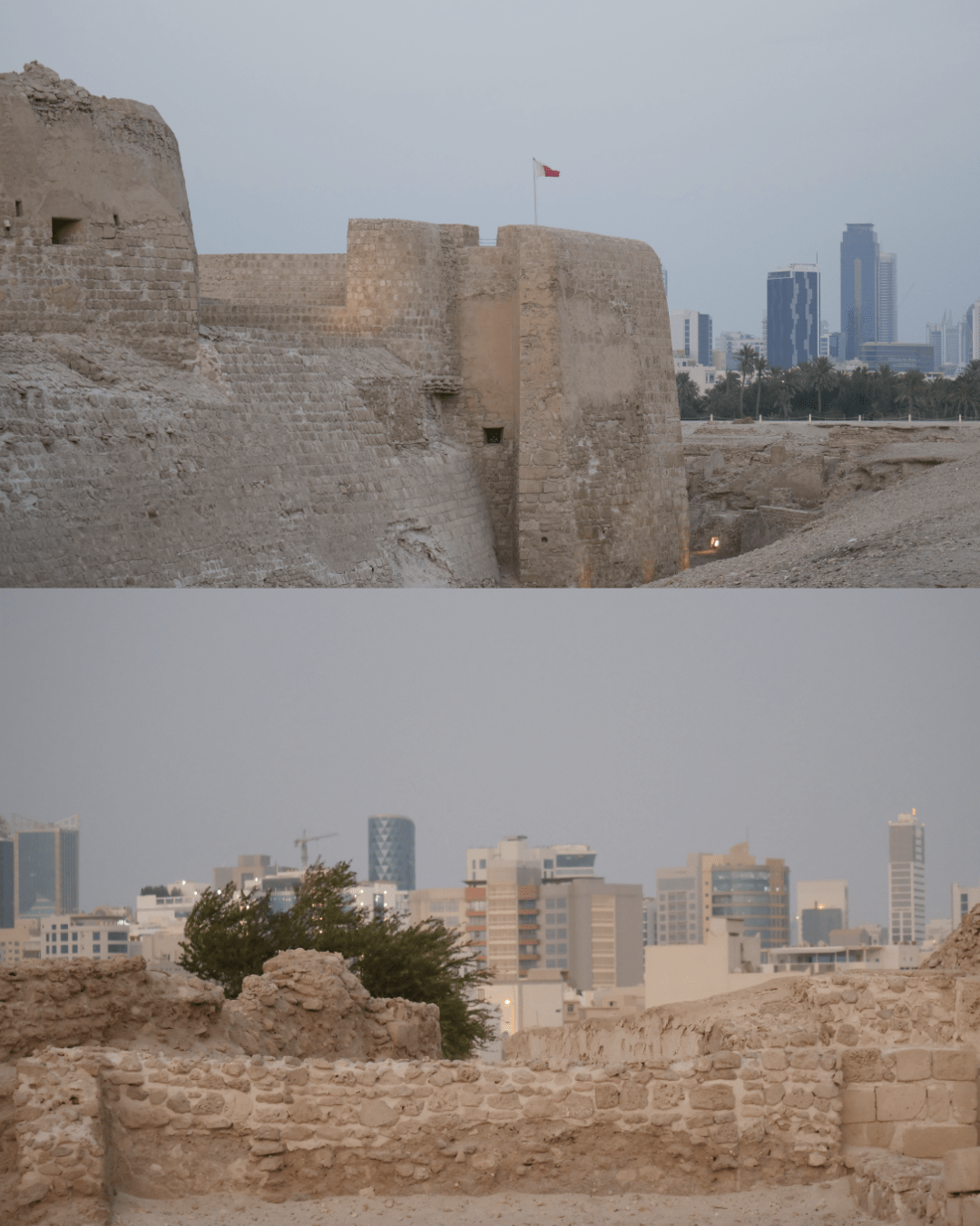 Picture of the skyline in the background at the fort wall. The contrast of a building from the 11th century with some 21st century skyscrapers in the background