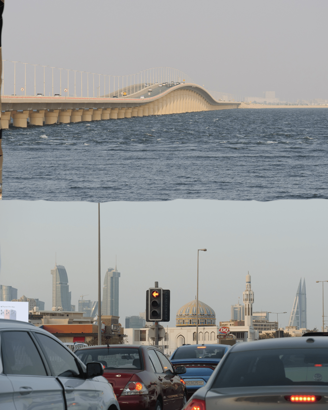 Top: the bridge that connects Bahrain to Saudi-Arabia
Bottom: Colourful traditional building flanked by skyscrapers and photographed from the traffic