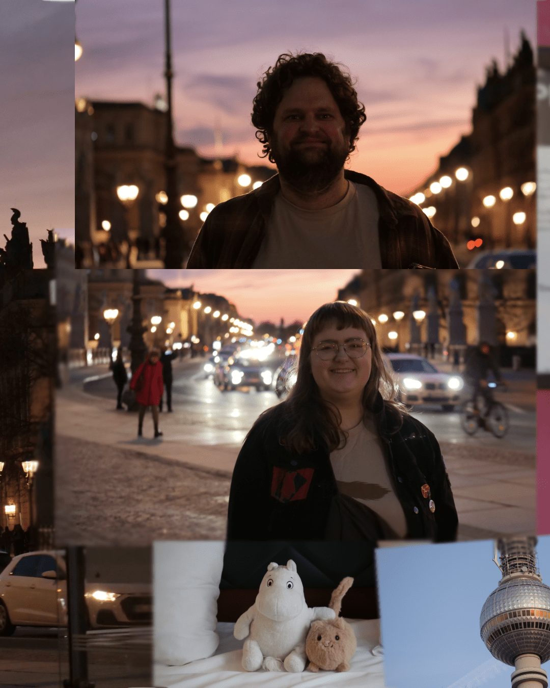collage of two portraits of wouter and emily plus two plushies and a close-up of the fernsehenturm