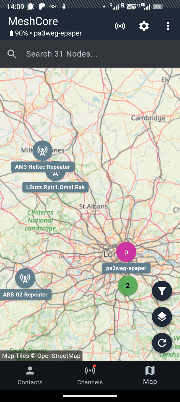 MeshCore map of the greater London area with a few stations present