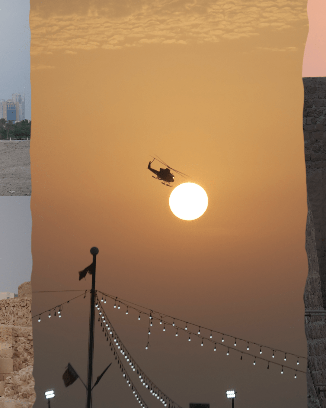 Sunset with a beautiful golden sun and a silhouette of a helicopter in front